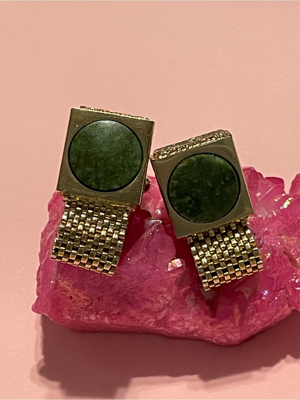 Vintage Green Jade Gold Tone Mesh Cuff Links #7504